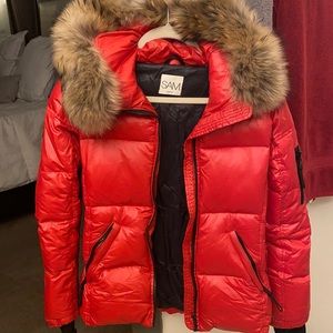 red puffer jacket with fur